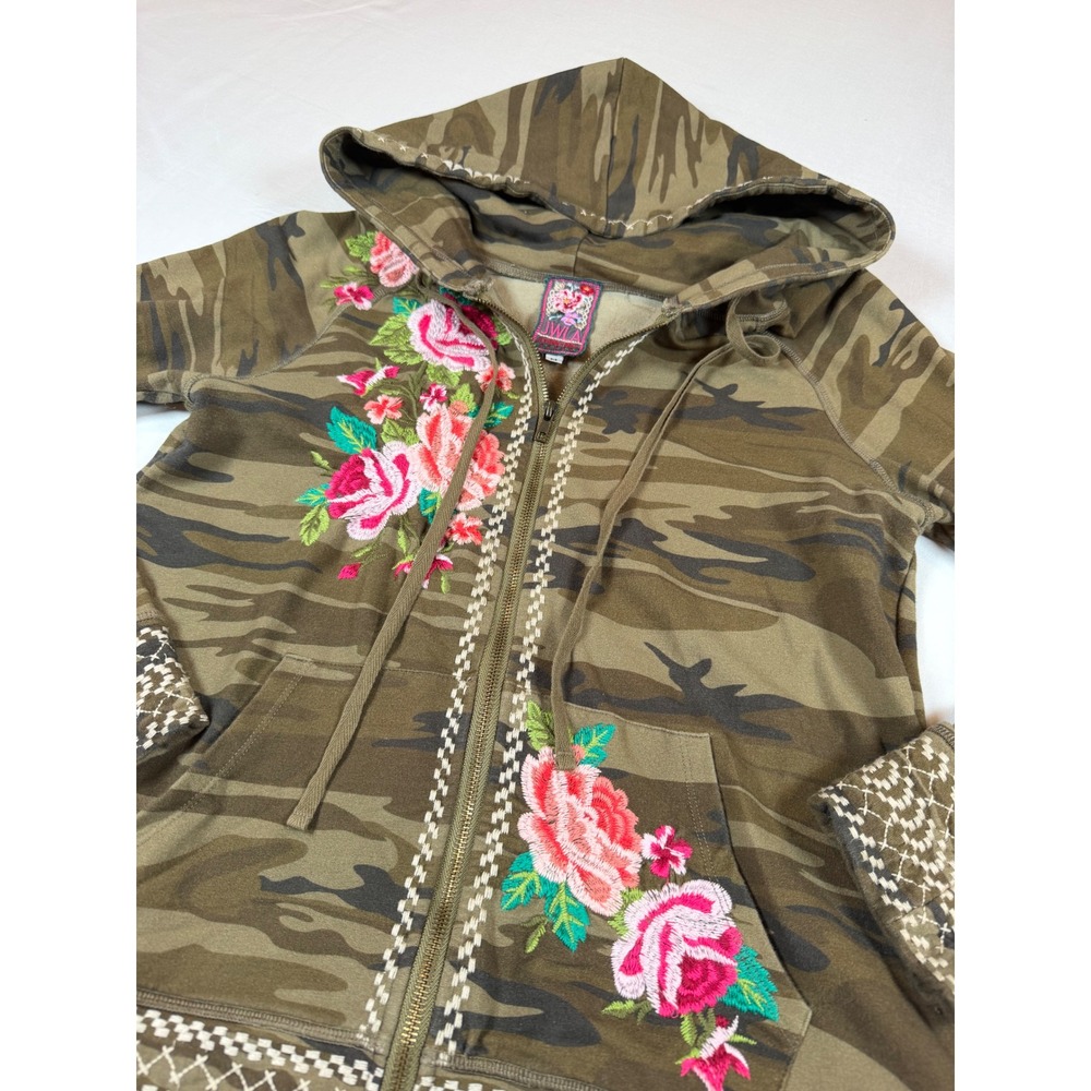 JWLA Johnny Was Camo Floral Embroidered Zip Up Hoodie Jacket Green 3837JW M - Picture 2 of 8